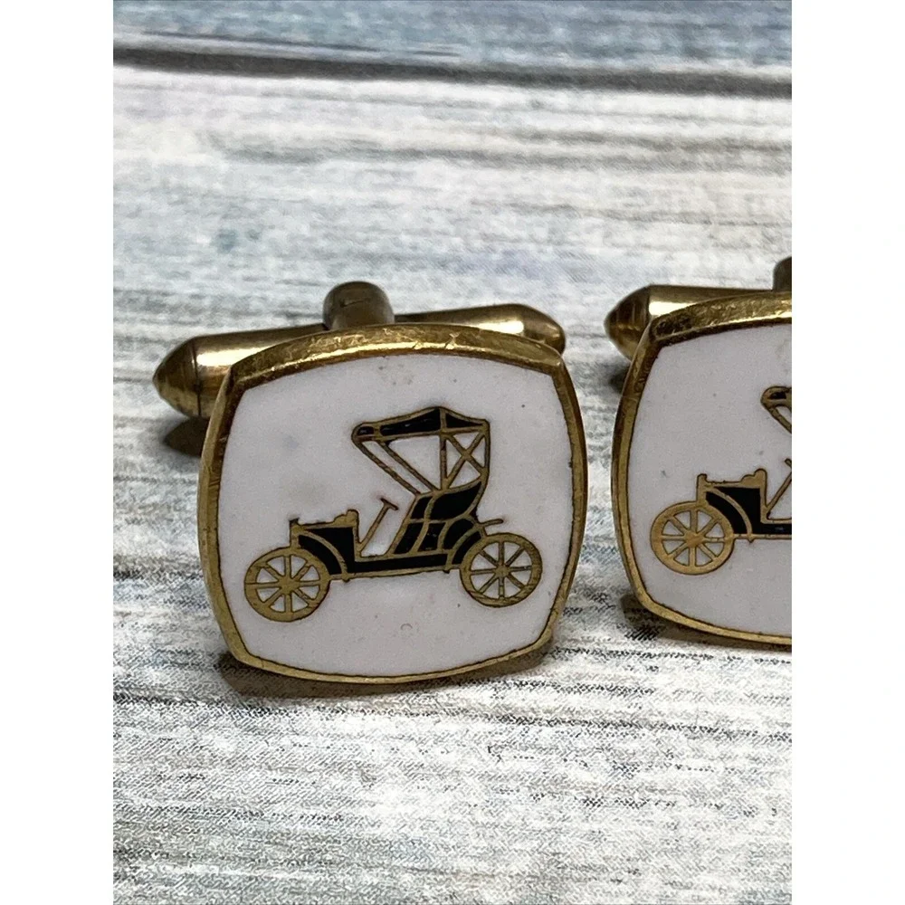 Vintage Enamel Car Cufflinks Pair Square White Gold tone